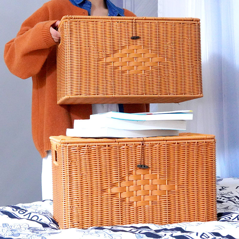 Imitation rattan woven handheld storage box flip storage box household cabinet clothing storage basket desktop debris storage box