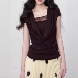 Yuzhi Temperament short-sleeved shirt for summer elastic slim fit wrinkled waist-slimming top for women
