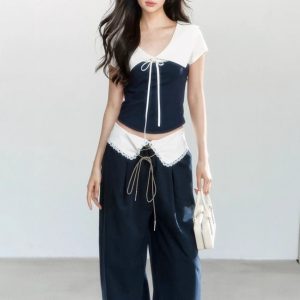 Original design summer loose casual versatile thin shirt hidden blue spliced ​​top