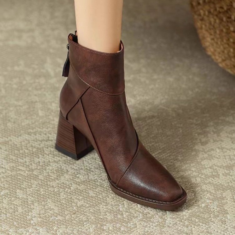Retro brown soft leather thick heeled boots for women's high heeled Martin boots British style small square toe thin boots