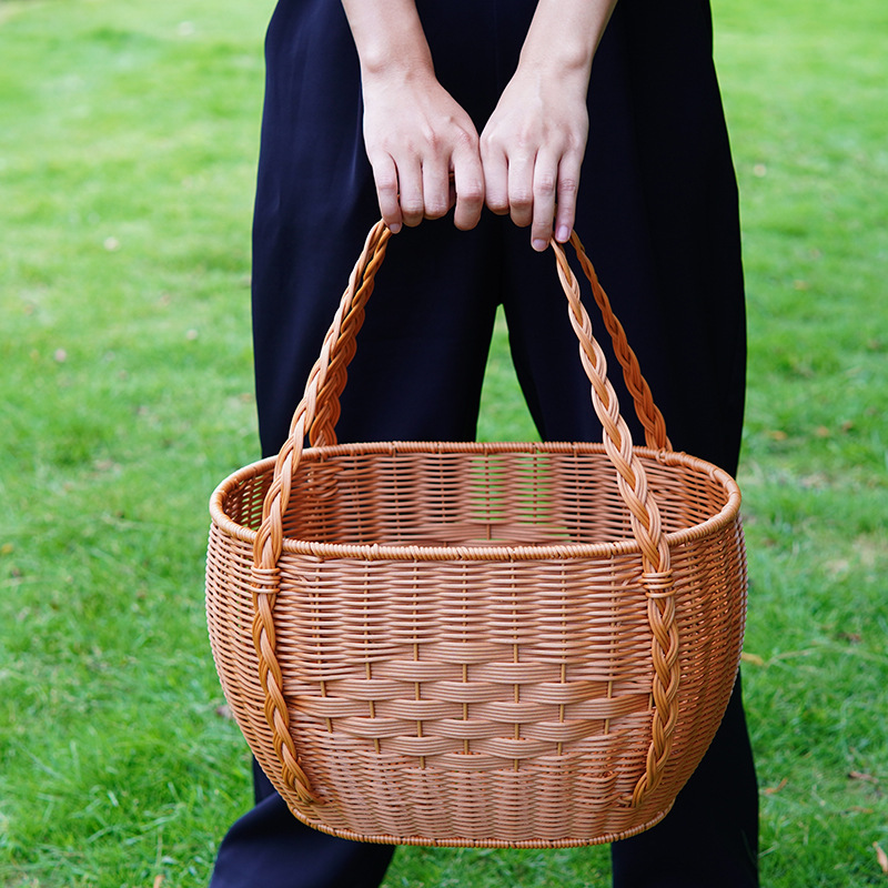 Imitation rattan hand-woven large grocery shopping basket hand-woven storage basket iron rack reinforced picnic basket picking basket gift basket