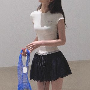 / "See yourself to make peace" Lace skin-friendly, antibacterial slimming tight short-sleeved shirt top