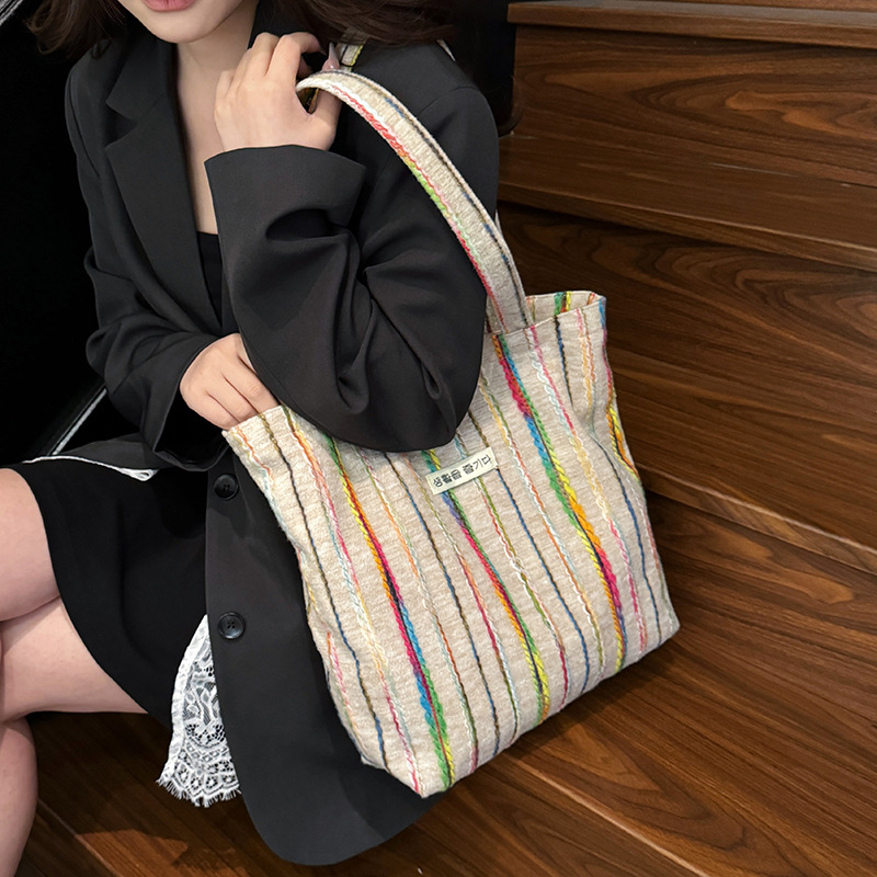 Bags for women's seaside vacation style rainbow striped shoulder bag spring and summer large capacity canvas bag handbag