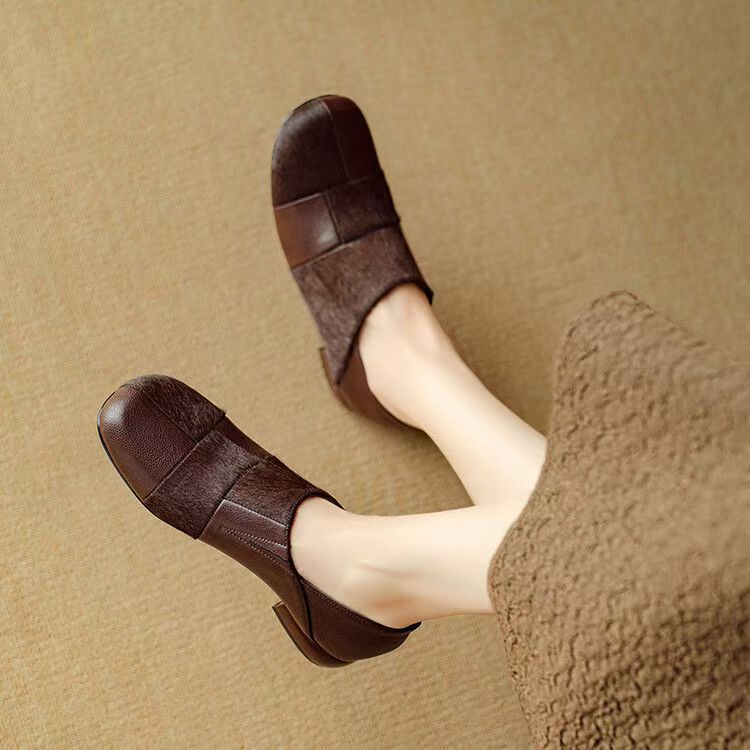 Very good to wear without tiring small single shoes French deep mouth single shoes women's spring and autumn round toe thick heel soft leather shoes