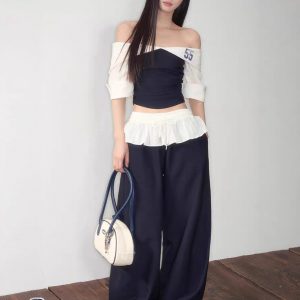 Original sporty pure contrasting one-shoulder top ruffled scimitar trousers suit pants