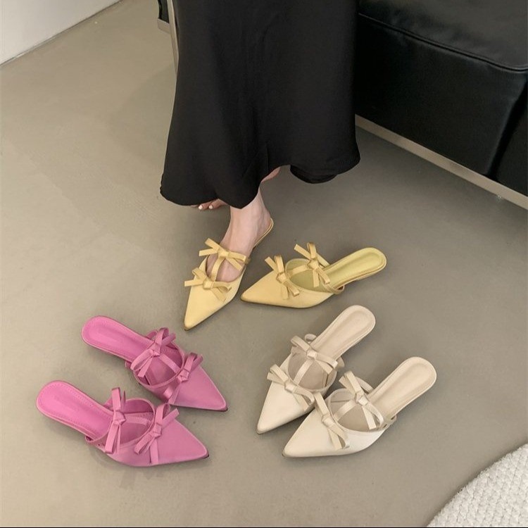 Baotou half slippers for women wearing spring and summer thin heel sandals kitten heel bow French pointed-toe slippers