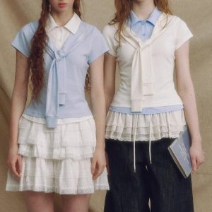 Designer brand fake two-piece navy neck shawl short-sleeved shirt for women short waist slim contrasting top