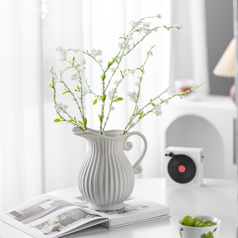 Retro wide-mouth striped ceramic vase high-end feeling small fresh simulated green plants fake flowers home decoration