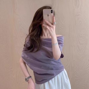 Purple top one shoulder short sleeves for women in summer irregular French large size atmosphere