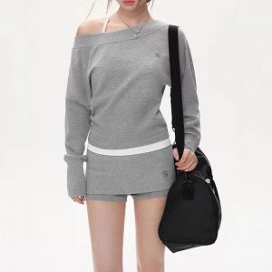 Original off-shoulder bat sleeve long-sleeved shirt for women fashion hoodies suit lazy temperament two-piece set
