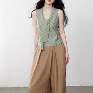 Yuzhi Green checkered temperament tie-fitting vest waistband to make you look thinner summer high-end sleeveless top