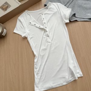Tennis solid color Henry collar button design shirt for women in summer waist-hugging temperament front shoulder short-sleeved top