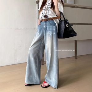 Real shot of summer personalized spray painted denim wide-leg pants for women with high waist design loose trousers